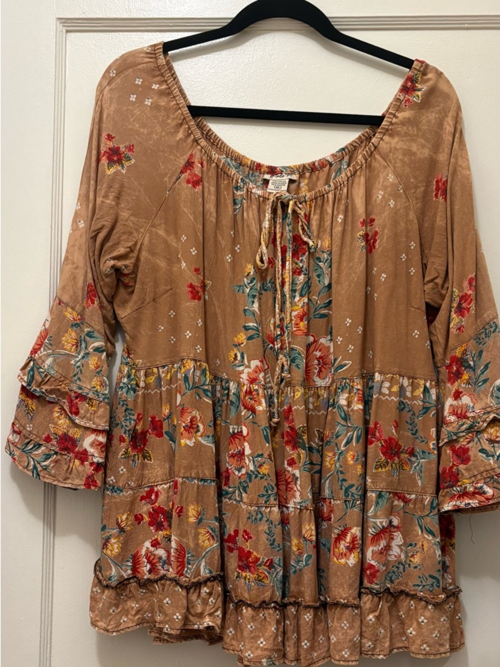 Boho Floral Tiered Peasant Blouse in gold, tan, floral
